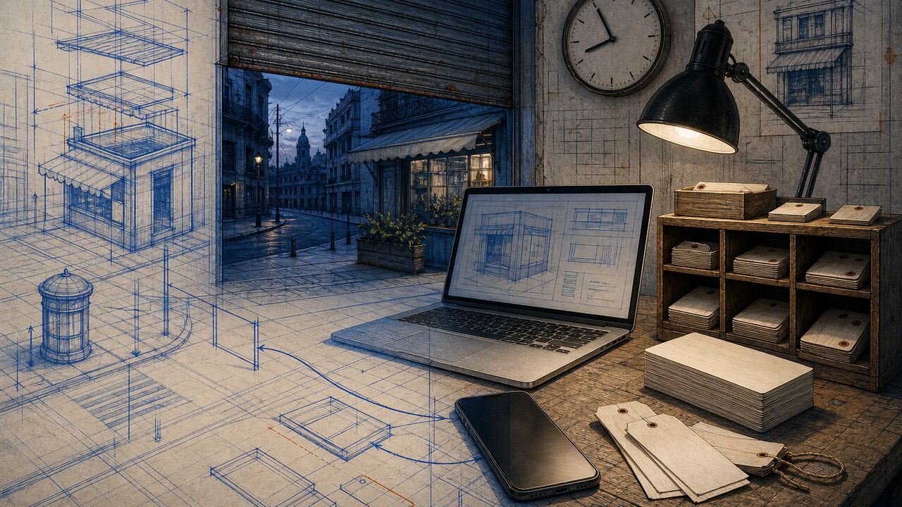 Escritorio de negocio con teléfono, fichas de pedidos y un reloj de horario de atención, en estilo blueprint