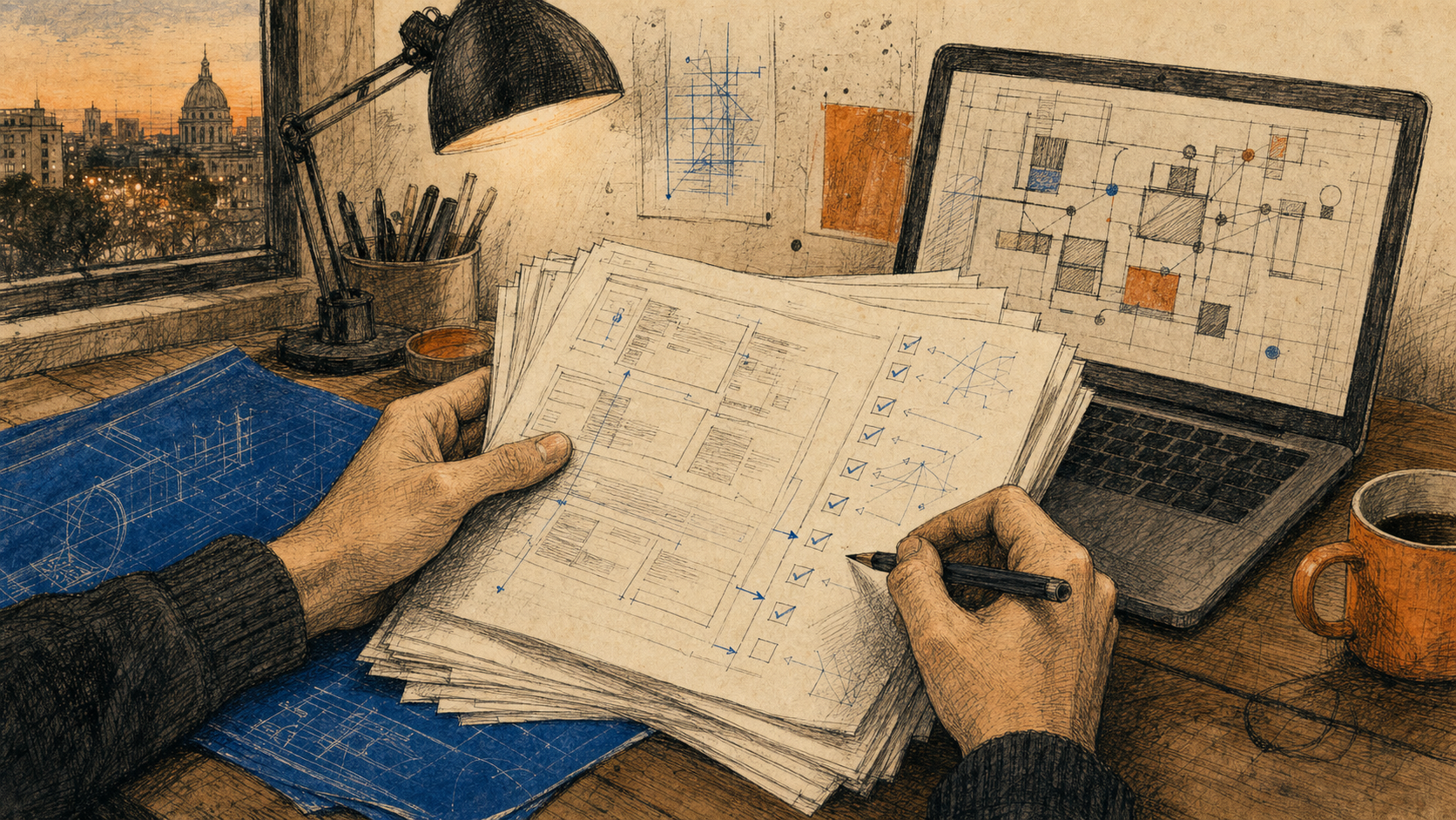 Hands reviewing papers beside a laptop and blue drafting notes on a workbench