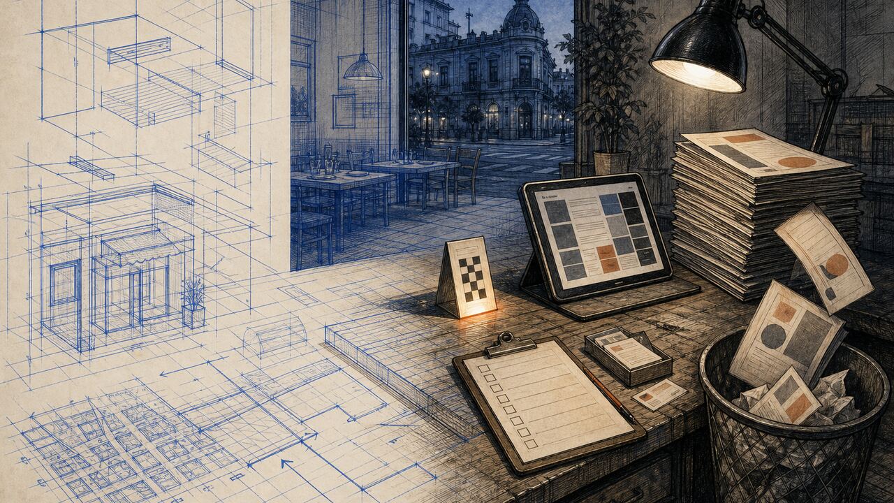 Carta digital con QR frente a una pila de menús impresos y un tacho de reimpresiones