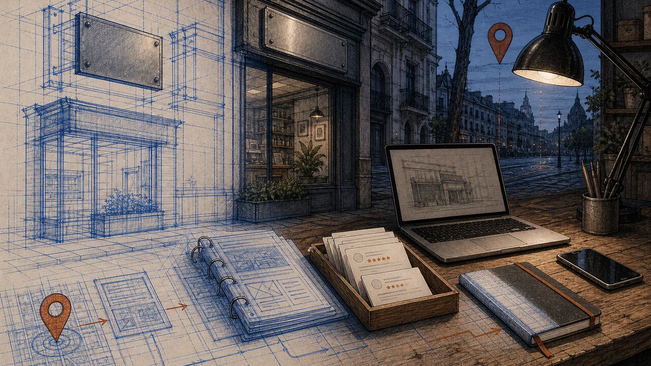 Secuencia física de ficha de local, sitio rastreable, reseñas y contenido con un pin de mapa