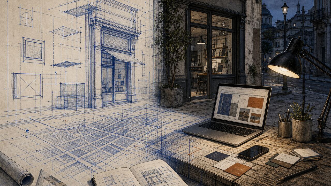 Ilustración blueprint de identidad digital de un negocio: sitio, mapa y contacto