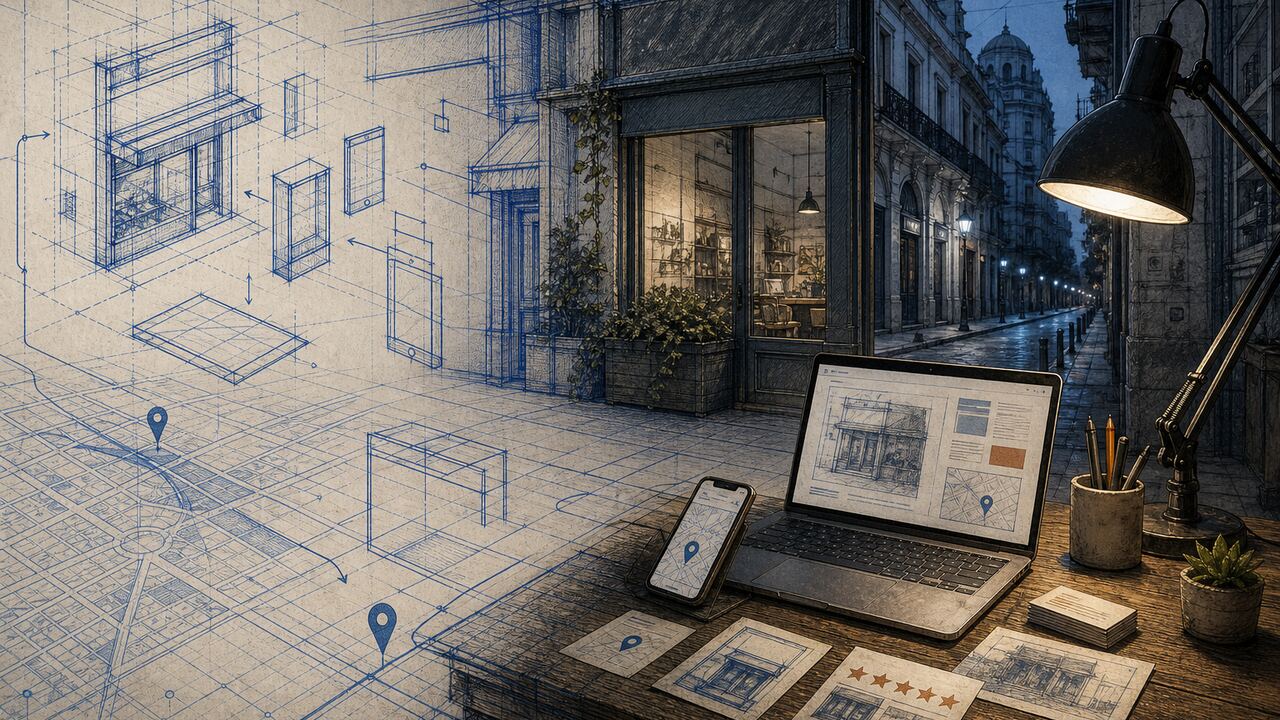 Ilustración de escritorio con sitio web, mapa y reseñas en estilo plano y blueprint